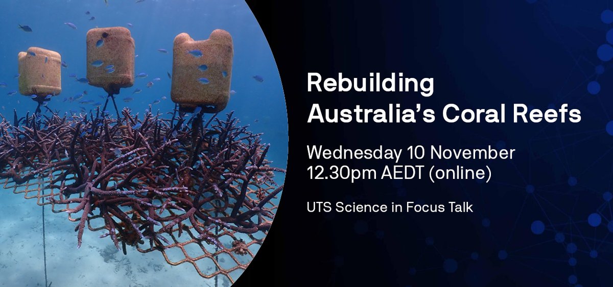 UTS_Science's tweet photo. Join us for our next #ScienceInFocus talk on Rebuilding Australia's Coral Reefs this #WorldScienceDay (Wed 10 Nov 12.30pm AEDT). 
Speakers: @DavidJSuggett @emmafcamp @MelEdwards1 @CoralNurture @uts_c3 @UTS_Business 
Register: https://t.co/esIHx39skj https://t.co/zOWzeXxGv3