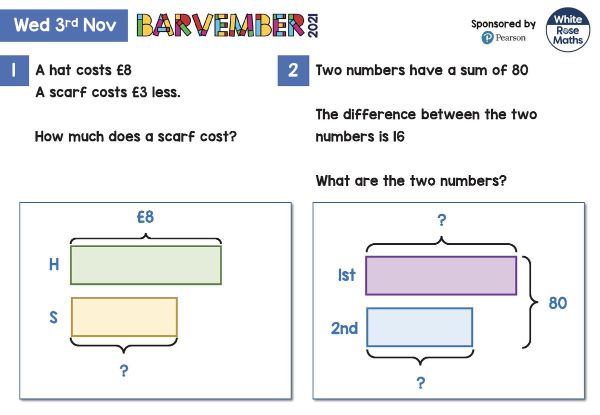 ⭐ It's day 3️⃣ of #Barvember!

Here are your first two questions 🧣

🤩 Up for grabs today:

📝 6 months Maths Flex access courtesy of Pearson

✍️ Bar Modelling kits

🐢 Cuddly Tiny toys

🔗 ow.ly/HShF50GEi1l