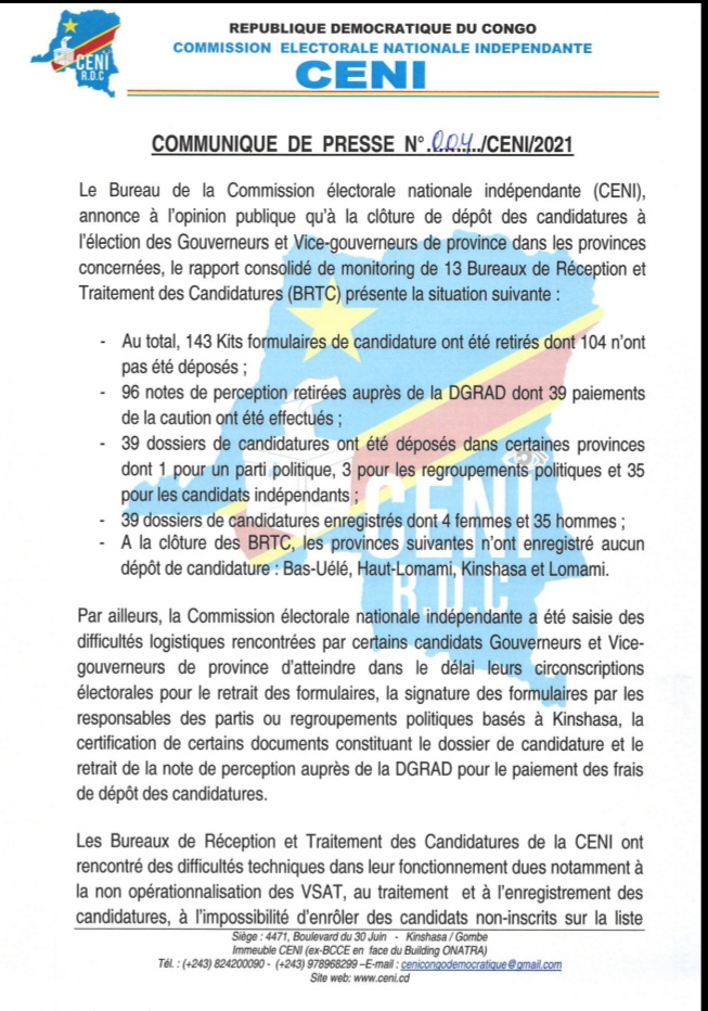 blaiseditu's tweet photo. #CENI :COMMUNIQUE DE PRESSE N° 004
ÉLECTION DES GOUVERNEURS ET VICE- GOUVERNEURS DES PROVINCES DANS LES PROVINCES CONCERNÉES. @CBosembe @HonoreMvula1 @soniarolley @StanysBujakera https://t.co/vsqOZ7gQWj