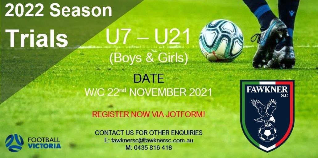 FawknerSC's tweet photo. ** 𝟮𝟬𝟮𝟮 𝗧𝗥𝗜𝗔𝗟𝗦 - 𝗥𝗘𝗚𝗜𝗦𝗧𝗘𝗥 𝗡𝗢𝗪! **

CLOSING SOON

Are You Ready? 

Fawkner SC is taking Expressions of Interest for our 2022 Miniroos and Junior teams (U7 - U21 Boys &amp; Girls).

https://t.co/iigoj51G5d

#FAWKNERSC #THEWORLDGAME #REGISTERNOW #SEASON2022 https://t.co/2bcdsU1oi5