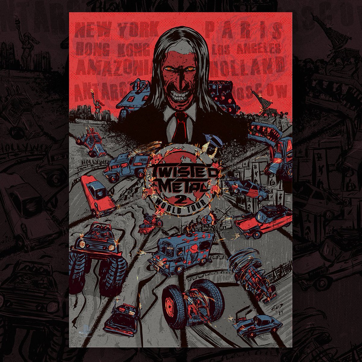 Edwinudesign's tweet photo. I made this poster for the 25th anniversary of @davidscottjaffe 's Twisted Metal 2. #twistedmetal #playstation #sweettooth #twistedmetal2 #illustration #fanart #drawing #comics https://t.co/j9oSLTGKzc