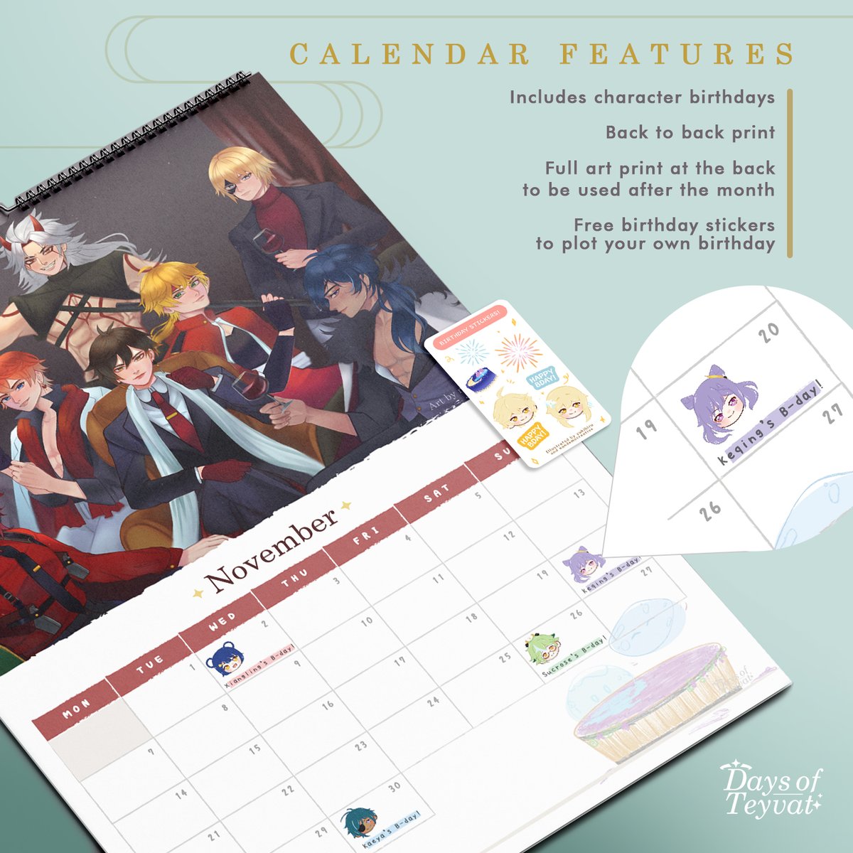 daysofteyvat's tweet photo. ✨Days of Teyvat Calendar is 2 sided, with the full art print at the back. So you can put up these gorgeous artworks on your wall when the month is finished.✨
📬Pre-orders are ongoing at https://t.co/8H1DpsslKf
#genshimimpact #daysofteyvat #genshinimpactcalendar #calendar https://t.co/zpQeUBDdci