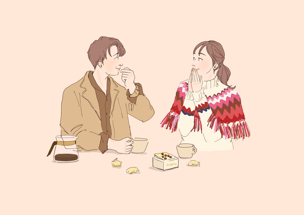 1girl 1boy brown hair cup sweater simple background food  illustration images