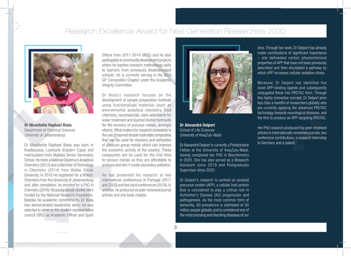 NRF_News's tweet photo. Congrats to our 5 "Research Excellence Award for Next Generation Researchers" awardees! Follow this link to their biographies: https://t.co/mIYNRr4lve  
Dr Biata: UJ
Dr Delport: UKZN
Dr Madzivanzira: NRF-SAIAB
Dr Mungra: UCT
Mr Tetteh: DUT
#NRFawards2021 https://t.co/qiB4htLf6L