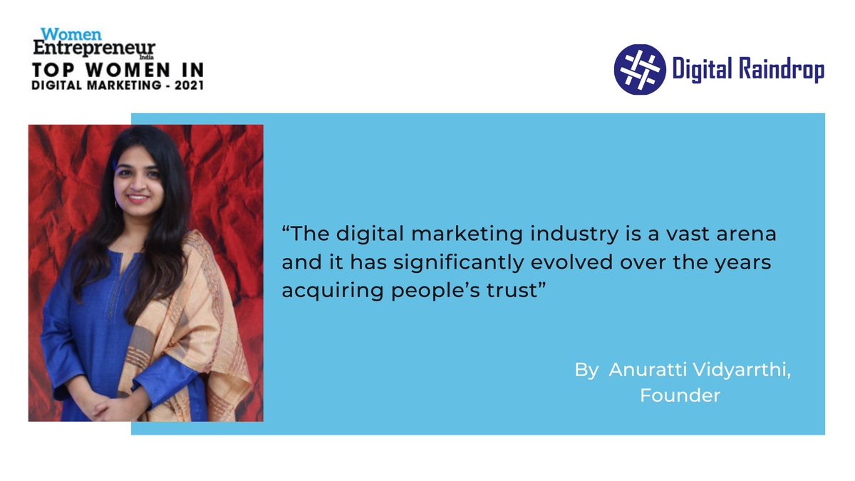 <a href="/AnurattiV/">Anuratti Vidyarrthi</a> Founder of @DigitalRaindro1 has been selected by #WomenEntrepreneurIndia as one of the 'Top 10 #Women_In_Digital_Marketing -2021

Read More: < cutt.ly/gR2pzyv >

#Digital #Innovative #SEO #SEM #Googleanalytics #Digitalmarketingservices #womenentrepreneurs