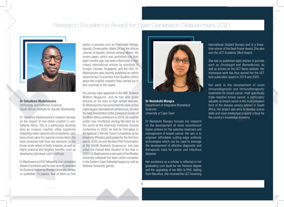 NRF_News's tweet photo. Congrats to our 5 "Research Excellence Award for Next Generation Researchers" awardees! Follow this link to their biographies: https://t.co/mIYNRr4lve  
Dr Biata: UJ
Dr Delport: UKZN
Dr Madzivanzira: NRF-SAIAB
Dr Mungra: UCT
Mr Tetteh: DUT
#NRFawards2021 https://t.co/qiB4htLf6L