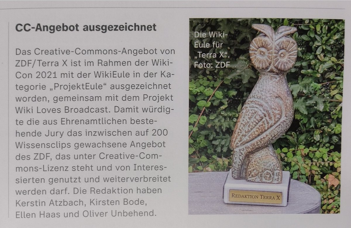 leonidobusch's tweet photo. Kurzmeldung in der ZDF-Mitarbeiter:innenzeitschrift über die Verleihung der #WikiEule an die Terra-X-Redaktion für deren Wikipedia-kompatibel lizenzierte Videos. #Fernsehrat https://t.co/wb2xldilwr