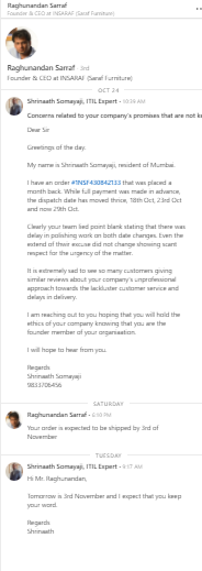 ShrinaathS's tweet photo. @Saraffurniture @j_minks Please call your support executive yourself and get this resolved.

I have placed the details of my LinkedIn Chat with your CEO here for your convenience.

Order number is mentioned in the chat. Now its your turn to at the least, honor the CEO's word. https://t.co/KZikBNH0gI