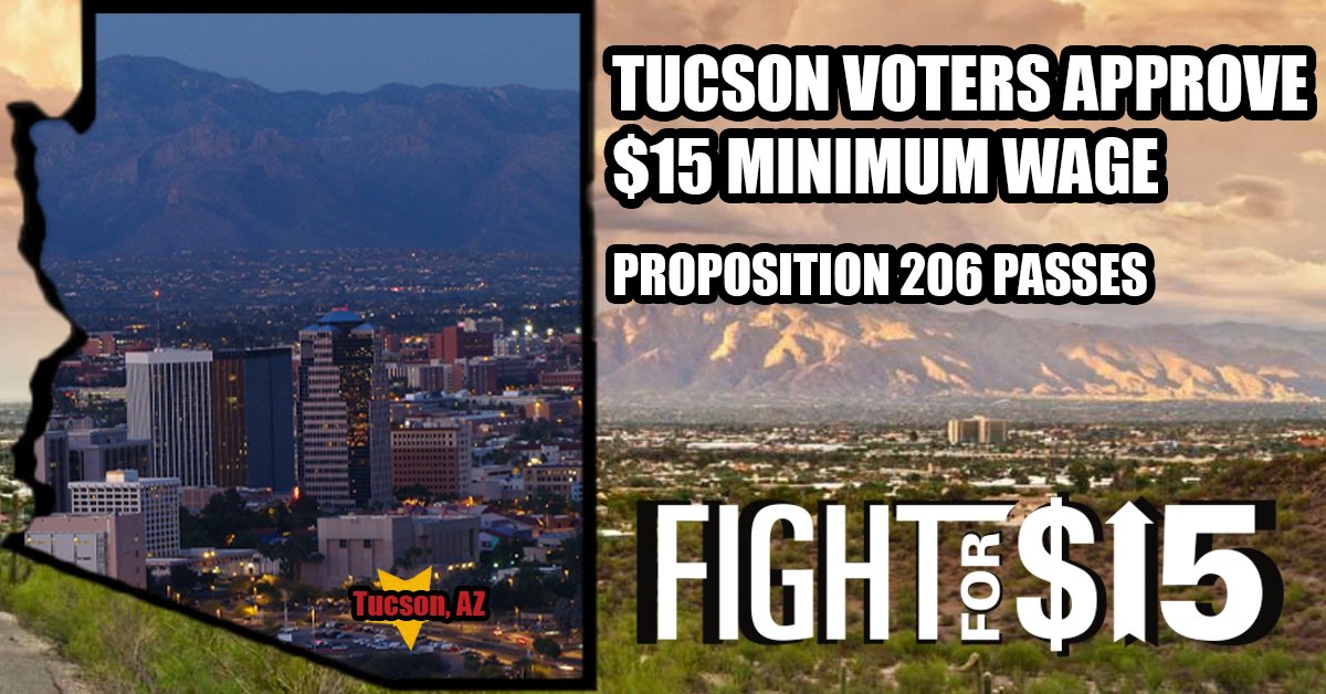 FightForAUnion's tweet photo. BREAKING: As local news reports, Tucson just became the latest city to pass a $15 minimum wage! The raise will benefit roughly 85,000 Tucsonans. 

Congratulations to @TucsonFor15!

It's past time that every worker in the US has a $15/hr floor

#FightFor15 #RaiseTheWage https://t.co/jiFG2Co8ll