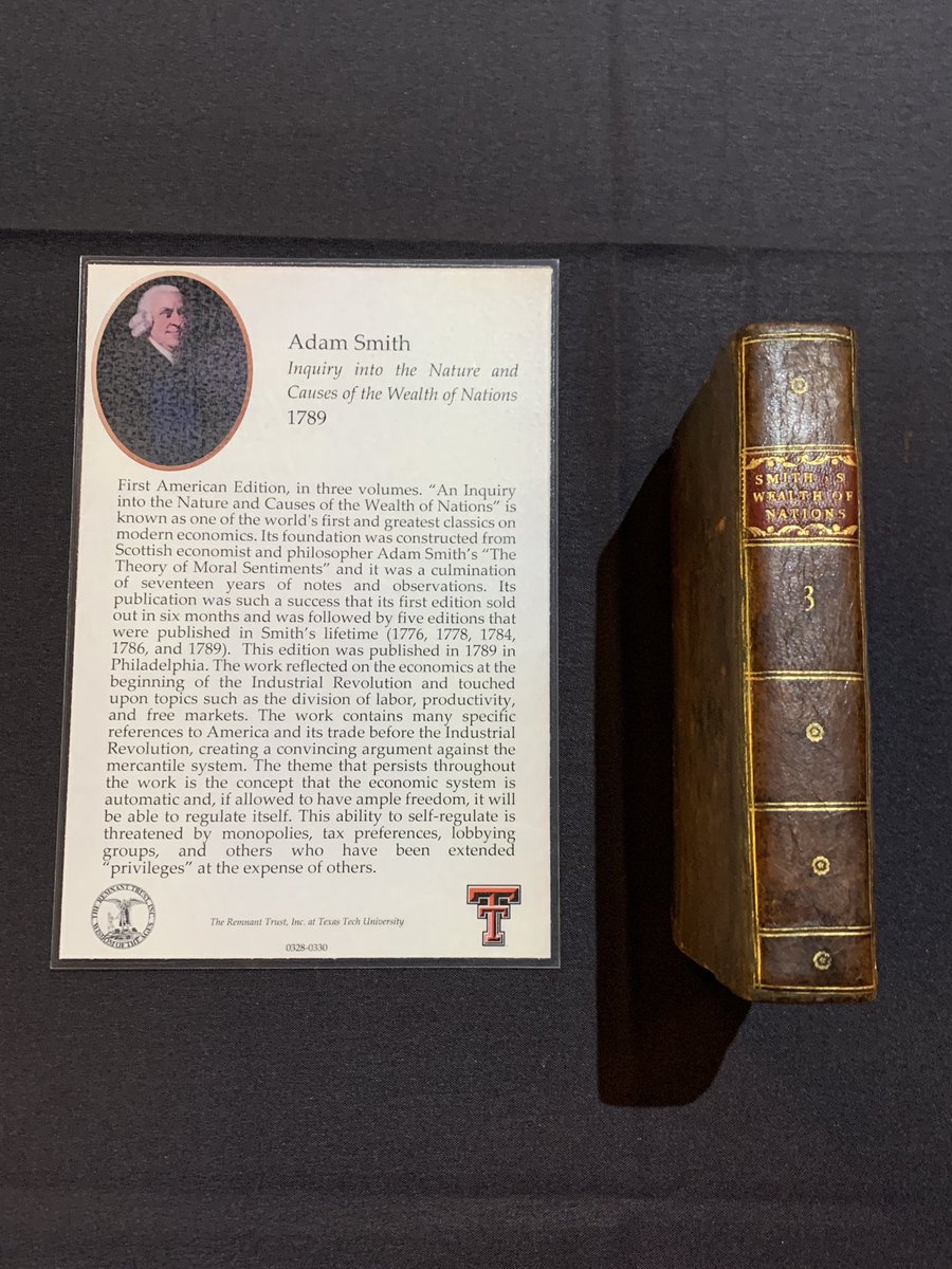 CalvinKorab's tweet photo. Enjoyed seeing a 1789 copy of Adam Smith’s book “The Wealth of Nations” from the Remnant Trust at Texas Tech’s Free Market Institute. #TexasTech #FreeMarketInstitute #AdamSmith #TheRemnantTrust #Economics #FrenshipHighSchool #SouthWestCollection #FreeMarket https://t.co/sRp8oK4W99