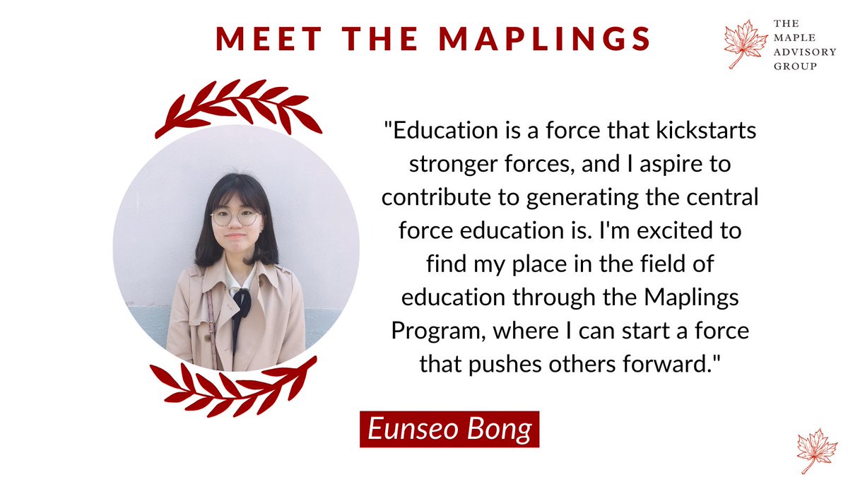 MapleAdvisory's tweet photo. Today, for our #MeetTheMaplings campaign, we're delighted to introduce Eunseo Bong!
Eunseo is part of a diverse, ambitious & passionate group of individuals seeking to make their impact in Education π
#maplings #mapleadvisory https://t.co/KwIiz7nvYr