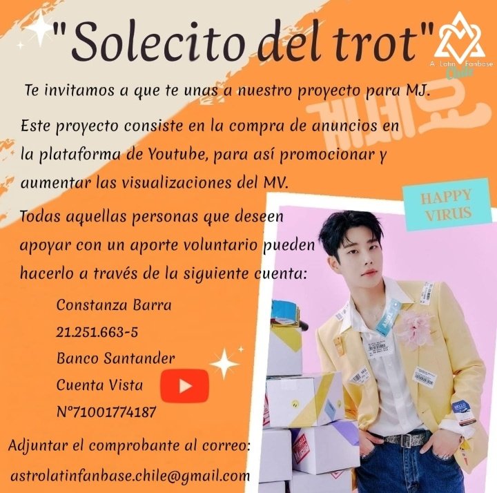 AstroChile_fanb's tweet photo. 📦 Proyecto de Anuncio
"SOLECITO DEL TROT" 🧡

Hola Aroha, te invitamos a unirte a este proyecto para promocionar el MV de #MJ

mediante el pago de anuncios en y0utb3, para así poder llegar a más gente. 

Fecha plazo: 
📆 09/11/21

Si tienen dudas déjennos saber 🤗
Mas info 👇🏻 https://t.co/NqwxDUiutq