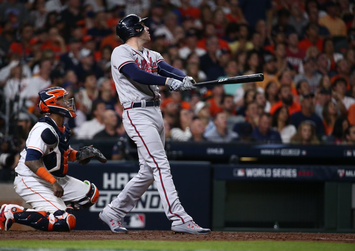 baseball_ref's tweet photo. Freddie Freeman is the first player in @Braves history to have muliple extra-base hits and multiple RBIs in a potential World Series clincher https://t.co/e9Vw2E15RS