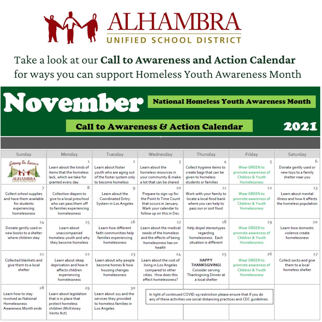 alhambrausd's tweet photo. Support Homeless Youth Awareness Month — a calendar of options from @alhambrausd #StudentSupportServices #Gateway2Success https://t.co/am4mGJdok2