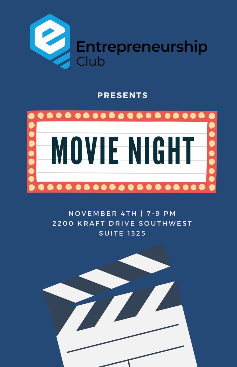 VTEClub's tweet photo. Hello everyone! E-Club presents the first Movie Night of the semester! If you’re interested in having a relaxing and entertaining night, then come by Suite 1325 on Kraft Drive Southwest this Thursday to enjoy the film. 🤩📽 https://t.co/I0sagk1SSW