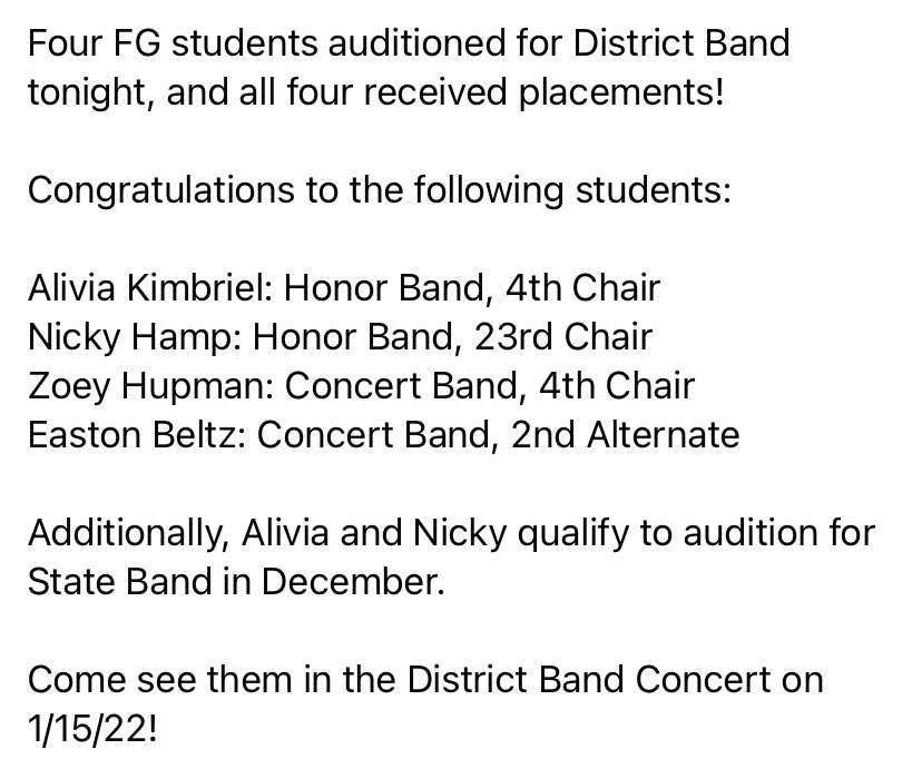 FairGroveBands's tweet photo. Congrats to our students who auditioned for Districts today! https://t.co/YstZrFCwXQ