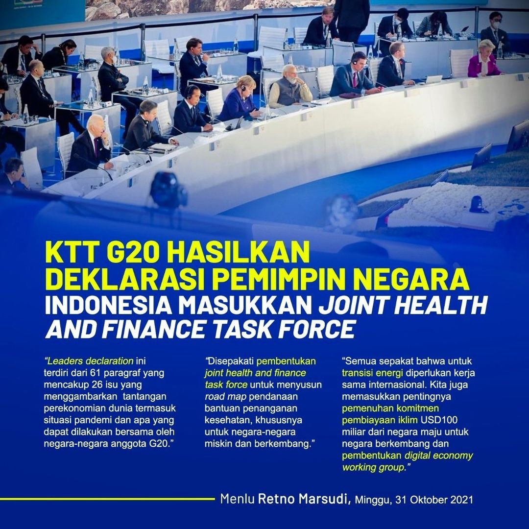 Berikut hasil dari KTT G20 kemarin dan Indonesia berhasil memasukkan joint health dan finance task force.