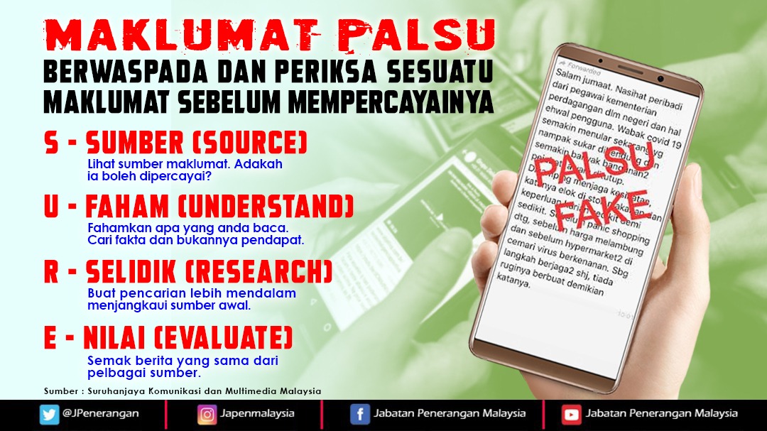 Menyemak kesahihan berita atau maklumat adalah sangat penting sebelum menyebarkannya, pastikan ia sumber diyakini sahih, jika tidak pasti jangan kongsi.

#TidakPastiJanganKongsi 
#KeluargaMalaysia 
#KomunikasiKita
#JabatanPenerangan
