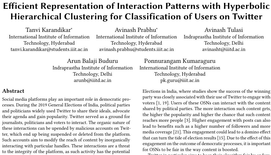 ponguru's tweet photo. 🎉🎉 Efficient Representation with HypHC for Users on #Twitter accepted at 20th IEEE/WIC/ACM International Conference on #Web #Intelligence &amp; Intelligent Agent Technology #WIIAT 🎉🎉 w/ @tanvi141 @Avinash_2468 @AT_at_iiitd &amp; Arun @IIITDelhi 
Paper: https://t.co/wm5gePlXMH https://t.co/rPZPGHHqj1