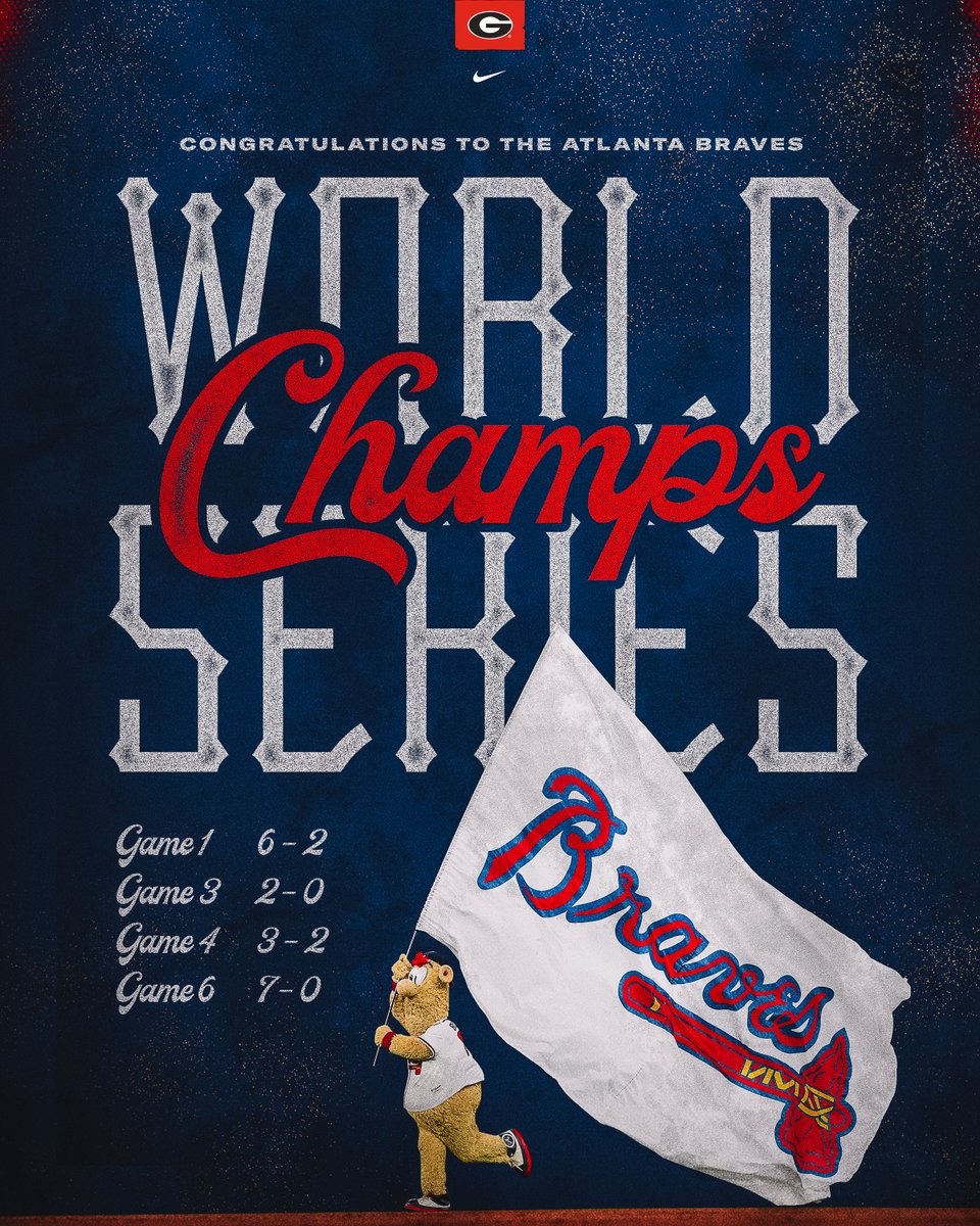 Georgia Football (@georgiafootball) on Twitter photo Brought it home!
Congratulations to the World Series Champions, Atlanta <a href="/Braves/">Atlanta Braves</a>‼️
#WorldSeries Brought it home!
Congratulations to the World Series Champions, Atlanta <a href="/Braves/">Atlanta Braves</a>‼️
#WorldSeries