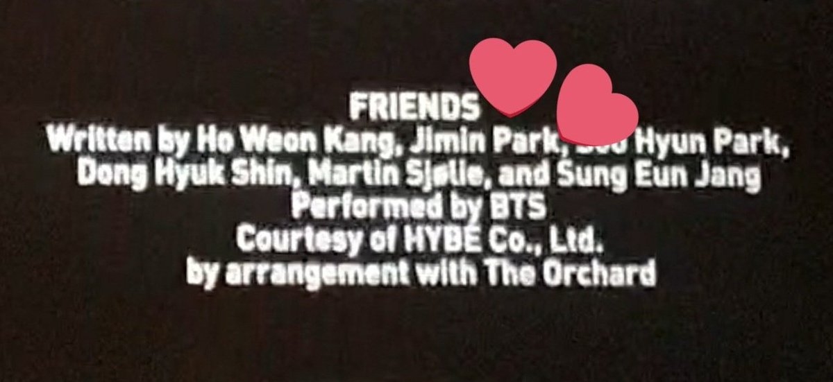 JiminGlobal's tweet photo. Jimin Park and BTS can now be seen in the credits of Marvel's new movie #Eternals which came out on theaters today.

FRIENDS
Written by Jimin Park...
Performed by BTS
 
We are proud of you. Congratulations!

#FriendsEternalsOST
#이터널스에_친구가_오에스티로 https://t.co/iCwsVs5GNd