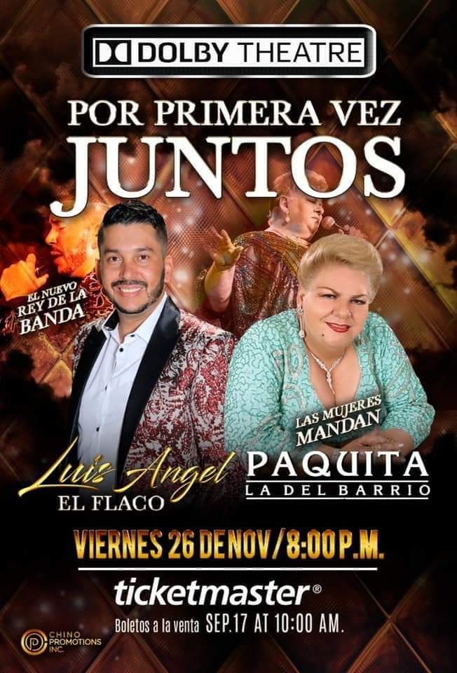 paquitaoficialb's tweet photo. La reina del sentimiento Paquita La Del Barrio regresa a Los Angeles celebrando sus 50 años de trayectoria junto al nuevo rey de la banda Luis Ángel El Flaco el viernes 26 de noviembre. Compra tus boletos ya por Ticketmaster! Chino Promotions https://t.co/iFlpNpNCze