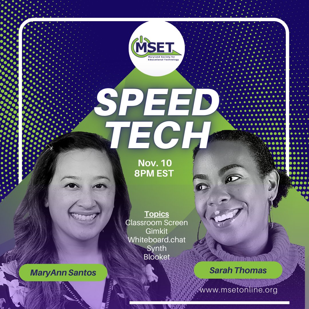 msetonline's tweet photo. Big Announcement: MSET is proud to host @pgcps Technology Coordinators MaryAnn Santos and Dr. @sarahdateechur for this month's Speed Tech event on Nov. 10 at 8pm. Registration is free at https://t.co/TKOVEKARlo https://t.co/gv5Uf9ufww