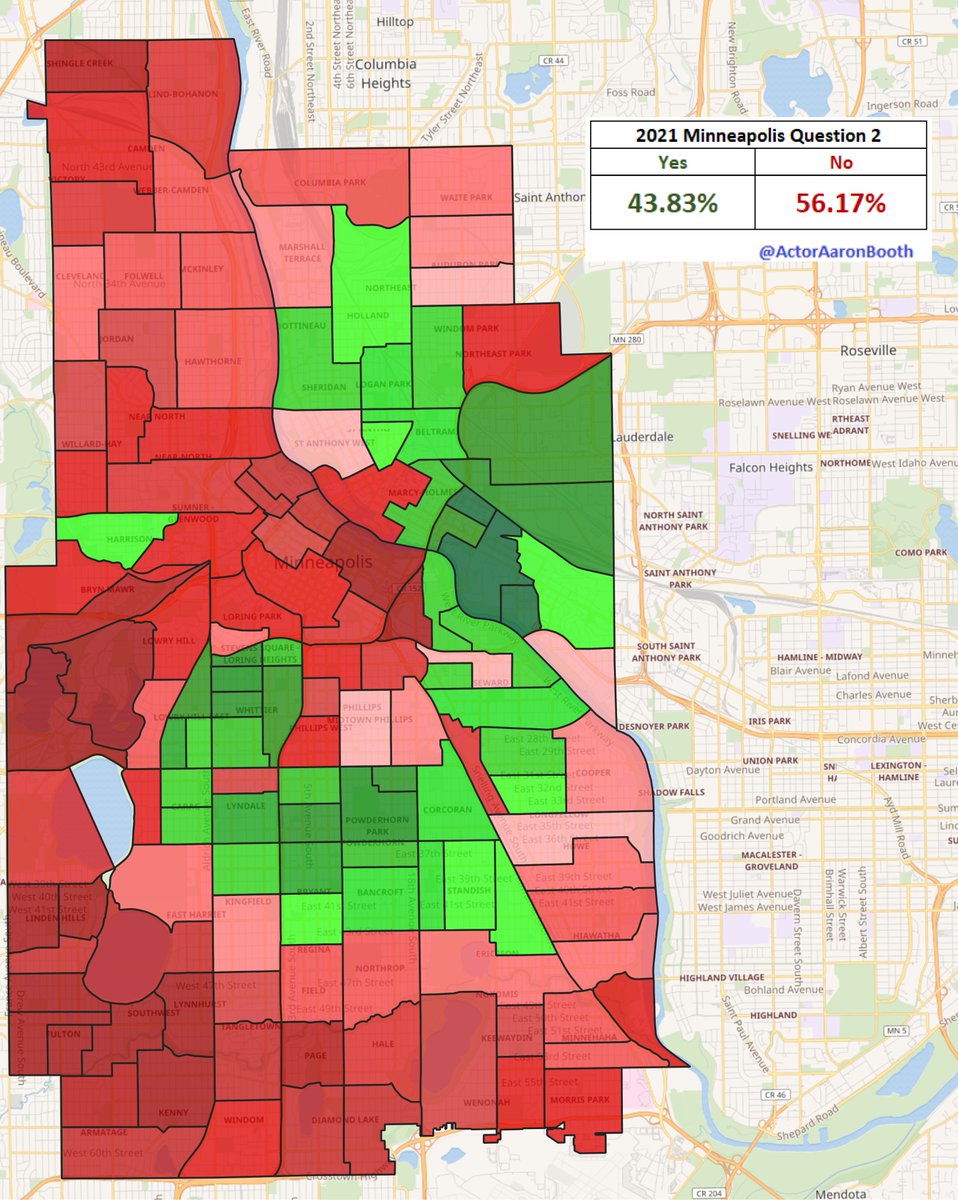 ActorAaronBooth's tweet photo. First full map from me tonight: Minneapolis Question 2 (this was the policing question) https://t.co/EipmfnHvZ5
