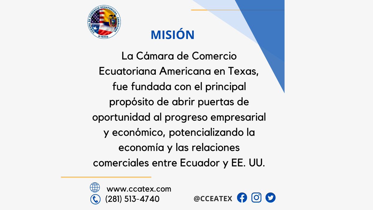 cceatx's tweet photo. Nuestra misión como Cámara de Comercio Ecuatoriana Americana en Texas👩‍💼👨‍💼❇️ https://t.co/03ZAPdzGg0