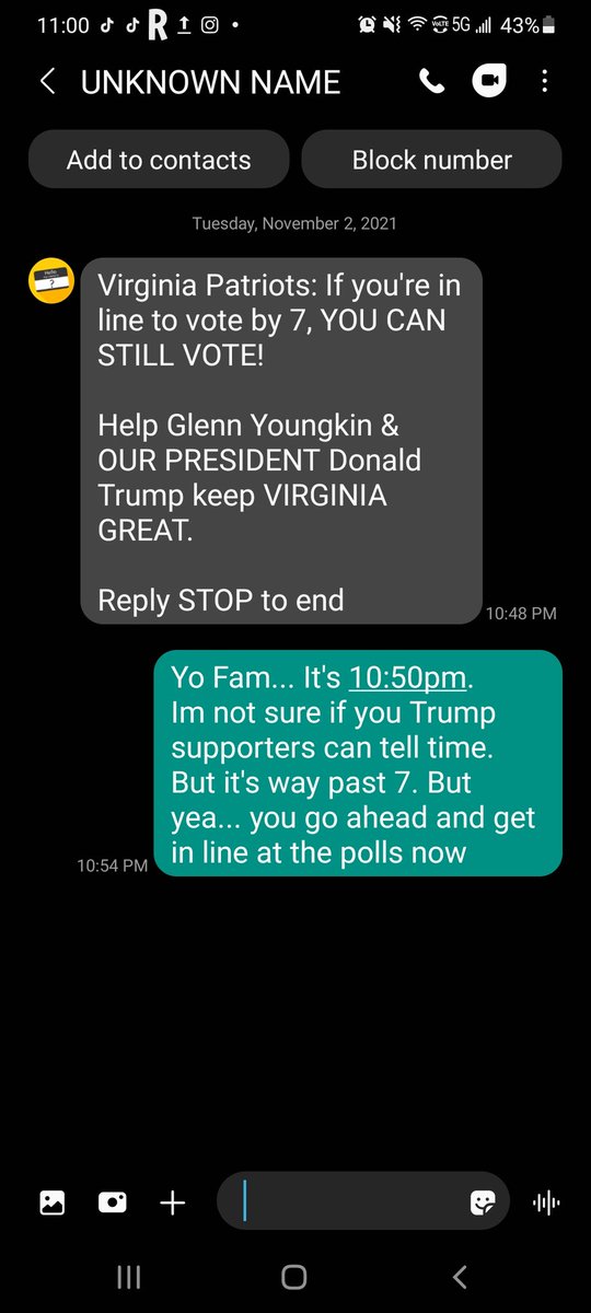 JayeToler's tweet photo. Im tripping about this random text I received from a Republican Party supporter about voting in VA today. Im like Bruh, the device you're using to send this message doesnt have the time?
#VAElections2021
#VAElectionDay
#VAGov
#VAGovernor https://t.co/PUSQ7CEkEu