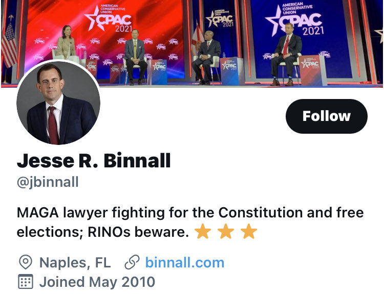 MassD's tweet photo. #JesseBinnall 
Trump urges judge to slow down Jan. 6 investigators’ access to records.
“Trump attorney Jesse Binnall falsely claimed that ‘both the FBI and Senate have confirmed that there was no coordinated effort, to overturn the election on January 6.’”https://t.co/UwY4HCJv87 https://t.co/4lYn3yO8lE