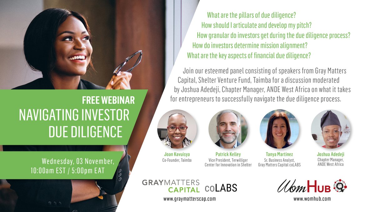 Join our panel of speakers from <a href="/GMC_Impact/">Gray Matters Capital</a>, Terwilliger Center for Innovation in Shelter, &amp; Taimba, moderated by Joshua Adedeji, ANDE West Africa on what it takes for entrepreneurs to successfully navigate the due diligence process.

Registration link - lnkd.in/dWvFizNW