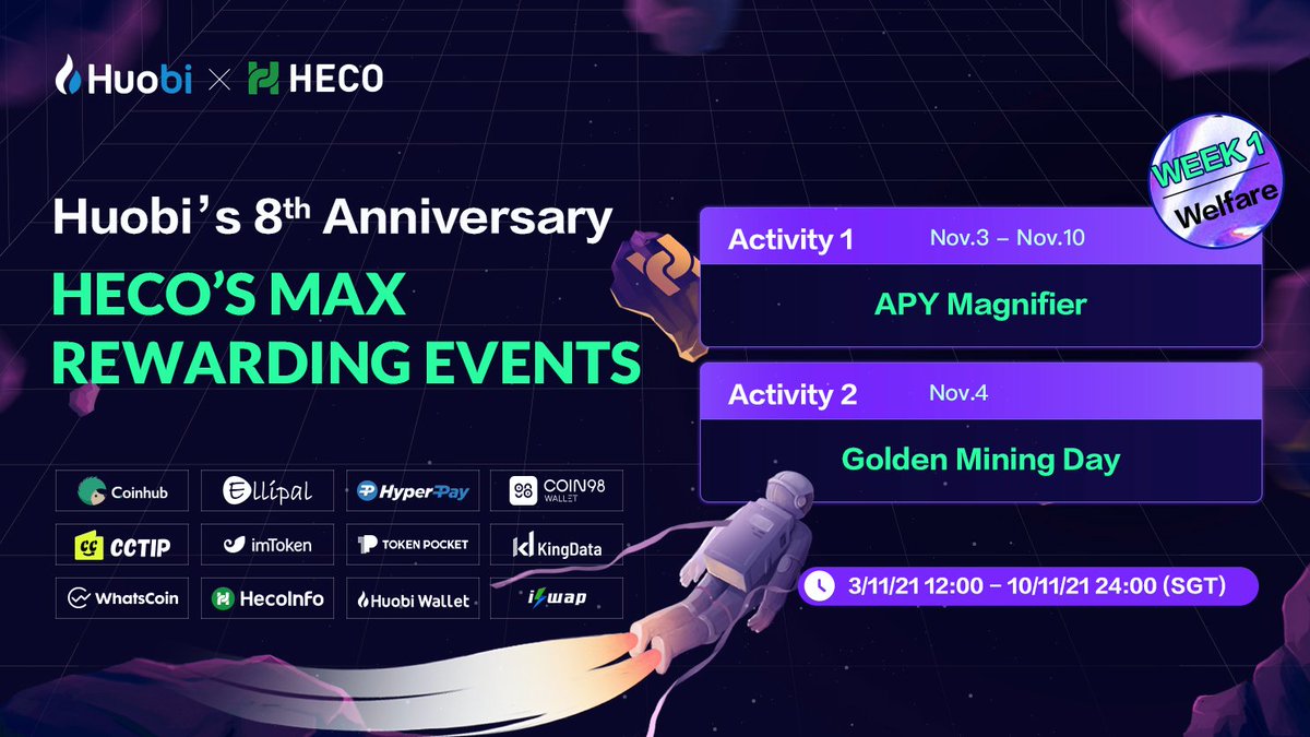 📢Huobi’s 8th Anniversary with HECO’s Max Rewarding Events
Date: 3/11/21 12:00 — 3/12/21 24:00 (SGT)

👉Don’t miss the following events: 
1⃣APY Magnifier
2⃣Golden Mining Day
3⃣ Lucky HECO 

#HECO #APY #Huobi  <a href="/HuobiGlobal/">火币HTX</a> 

More info: 
hecochain.medium.com/huobis-8th-ann…
