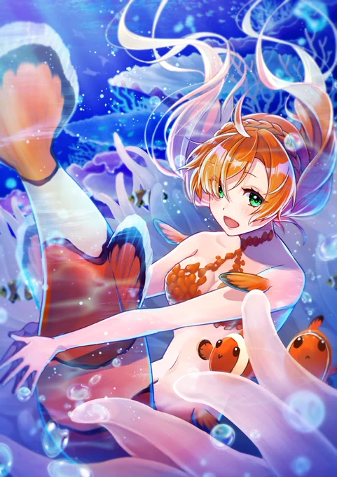 【人魚図鑑】05.クマノミ#創作イラスト #人魚 #Mermaid #クマノミ 