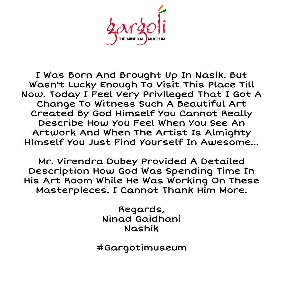Gargoti's tweet photo. Feedback received from visitors after visiting Gargoti, The Mineral Museum, Nasik
#gargotimuseum #nasik #nashik #nashikcity #nashiktourism #pune #mumbai #maharshtra #maharashtratourism #indiatourism #incredibleindia #india #indianmuseum #museumsofindia #museuminindia https://t.co/gqBOOJo04C
