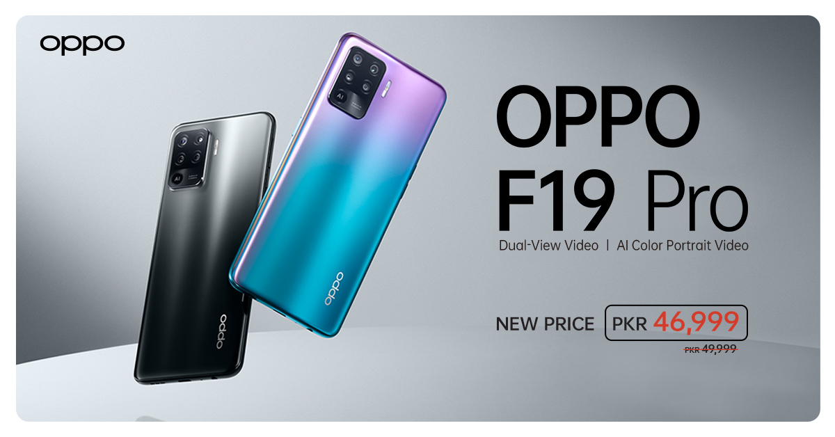 OPPOPakistan's tweet photo. Price drop alert! 
Your favorite #OPPOF19Pro with amazing features: 
- Dual-View Video
- 30W VOOC Flash Charge 4.0
- AI Color Portrait Video
- Sleek design
Is now available for PKR 46,999/-. Buy yours now and have #FunWithEveryShoot! https://t.co/OoI2yynm6p