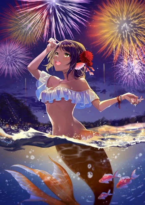 【人魚図鑑】06.花火とハナダイ#創作イラスト #人魚 #Mermaid 