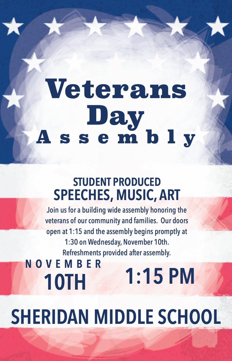 BartoSmith81's tweet photo. One week from today we invite our community, friends and family to a student led Veterans Day assembly!

Enjoy speeches, music presented by our band and chamber choir and art from 8th grade students!

Assembly will last approximately 40 minutes! https://t.co/uaImGAmYo2