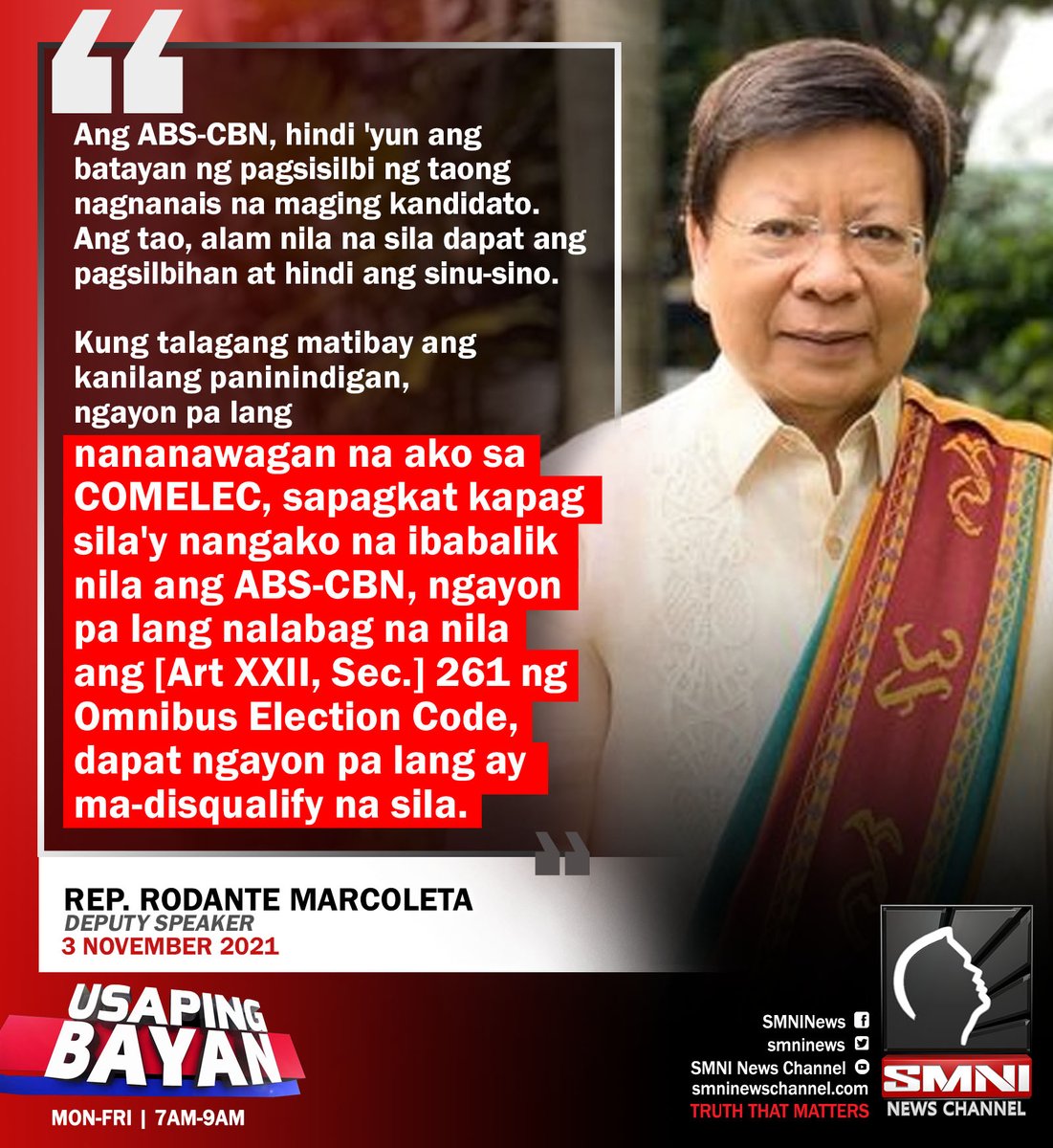 smninews's tweet photo. Rep. Marcoleta nanawagan sa COMELEC na diskwalipikahin ang mga kandidatong nangakong ibabalik ang prangkisa ng ABS-CBN. https://t.co/P55cmzloIh