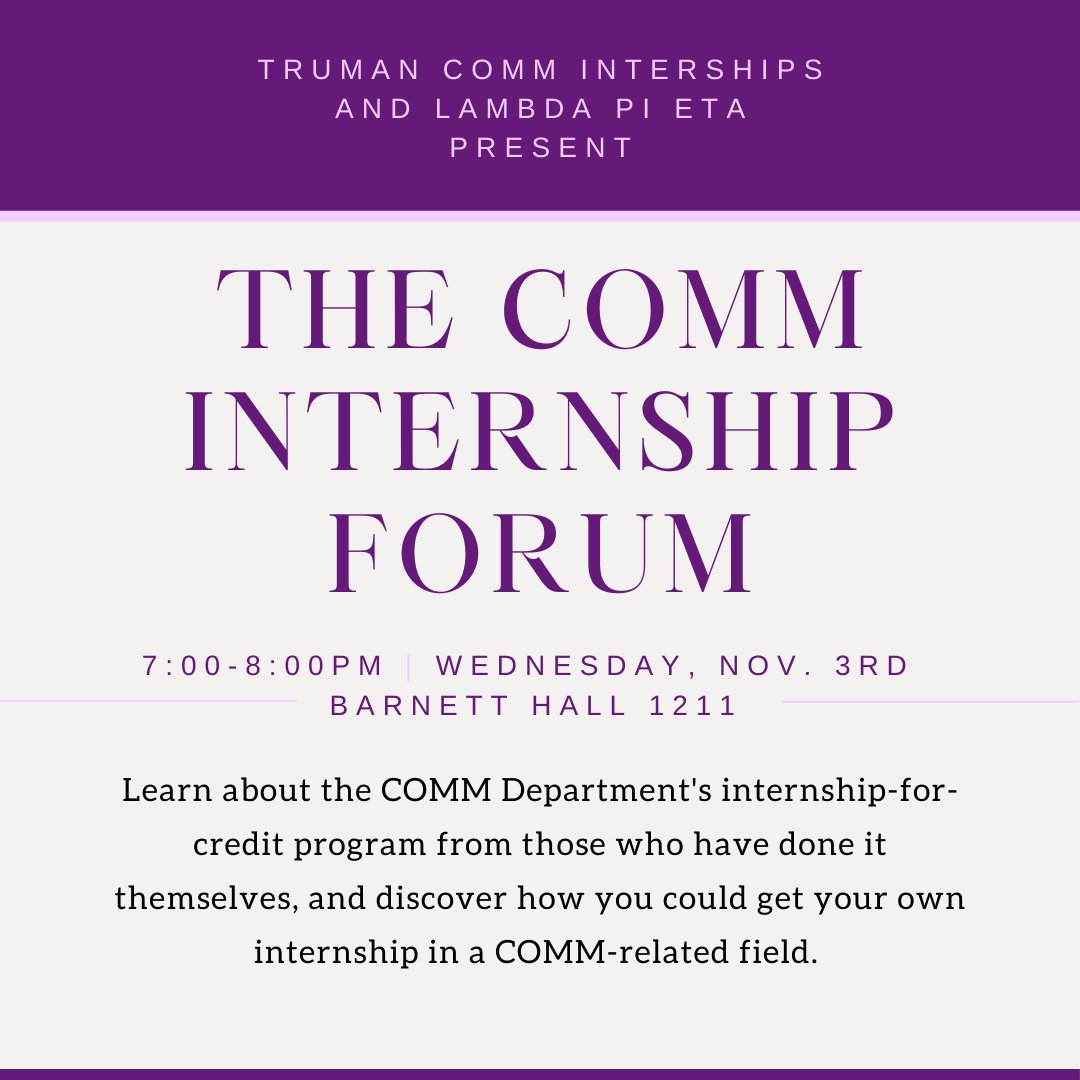 tsucommintern's tweet photo. The COMM Internship Forum is tomorrow, Wednesday, Nov. 3rd! Join us in Barnett Hall 1211 at 7:00pm to learn about the COMM department's internship-for-credit program. https://t.co/KnMfNPBiaM