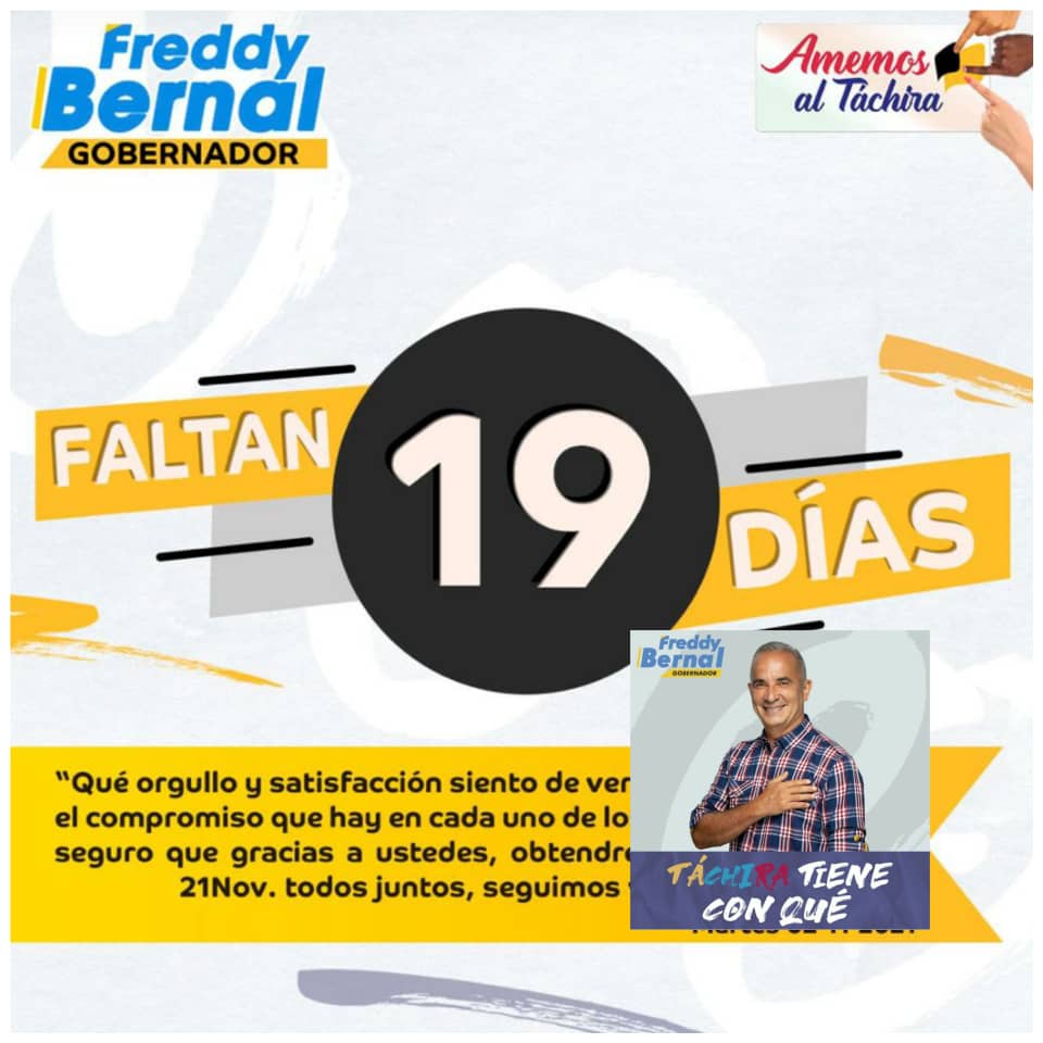 clapmaricarmen's tweet photo. #BernalGobernador LA ALEGRÍA Y ESPERANZA CUBRE AL TÁCHIRA AL SABER QUE  FALTAN 19 DIAS PARA QUE @FreddyBernal SEA GOBERNADOR #AmemosAlTachira @arguelloyepfri @tachira_gmas @BermudezJoseA @ClapCristobal @ClapParroquia @Patriota_johnR #SoyComunicadorClap https://t.co/evclndbqL5