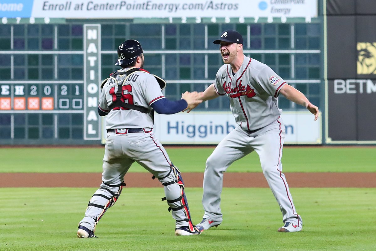 MLBStats's tweet photo. The @Braves are the first team with 10+ Ks, 0 BB and 0 R allowed in a #WorldSeries clinching game. https://t.co/hLMzmntOYr