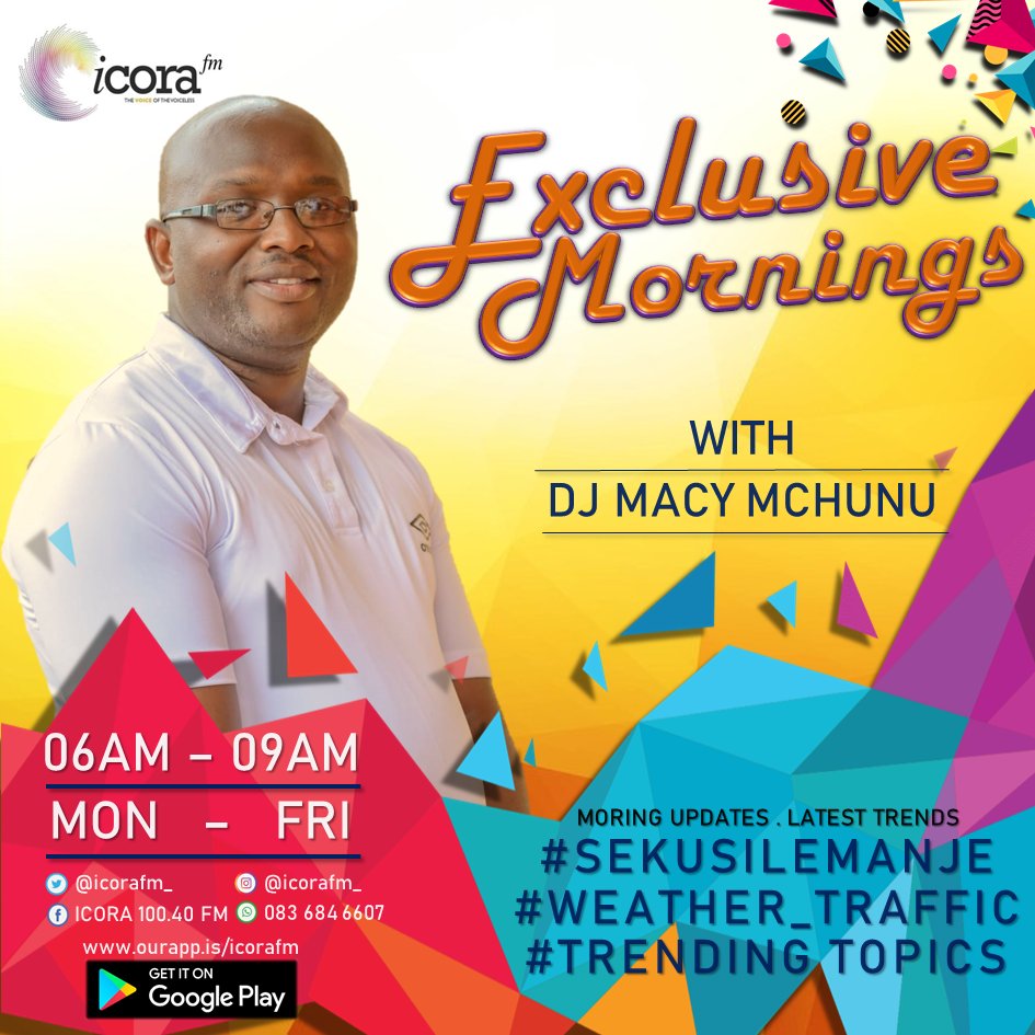 icorafm_'s tweet photo. ON AIR:
🎙@macymacingwane
📑 Exclusive Mornings
🗓️ Monday to Friday
⏰ 06am to 9am
📻 100.40 FM
🎛 @djndringos1
#WednesdayEdition✅ #SekusileManje✅ #AnswerThatQuestion✅ #BirthdayDedications✅ #ExclusiveMix✅ #ExclusiveTopic✅ #TheVoiceOfTheVoiceless✅
SMS: 41566 https://t.co/NSbnauSlYP