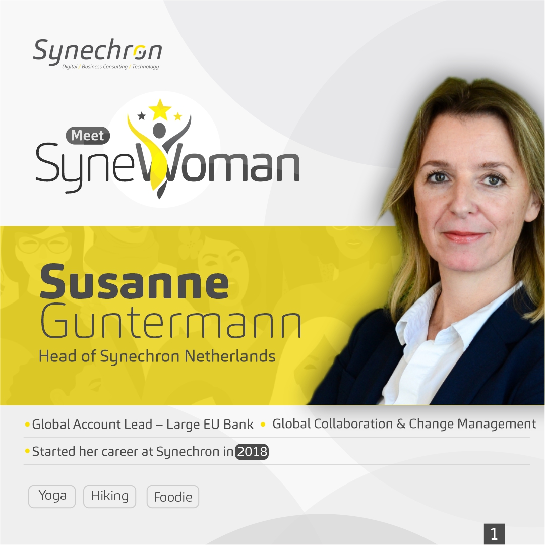 Synechron's tweet photo. We are grateful for each of our fabulous women who contribute to #Synechron’s success. Meet Susanne Guntermann, a dedicated #SyneWoman & Head of Synechron Netherlands. This ‘foodie’, yoga and hiking fan capably leads a team of 100+ colleagues. Learn more here: https://t.co/NGG9fS9BKp