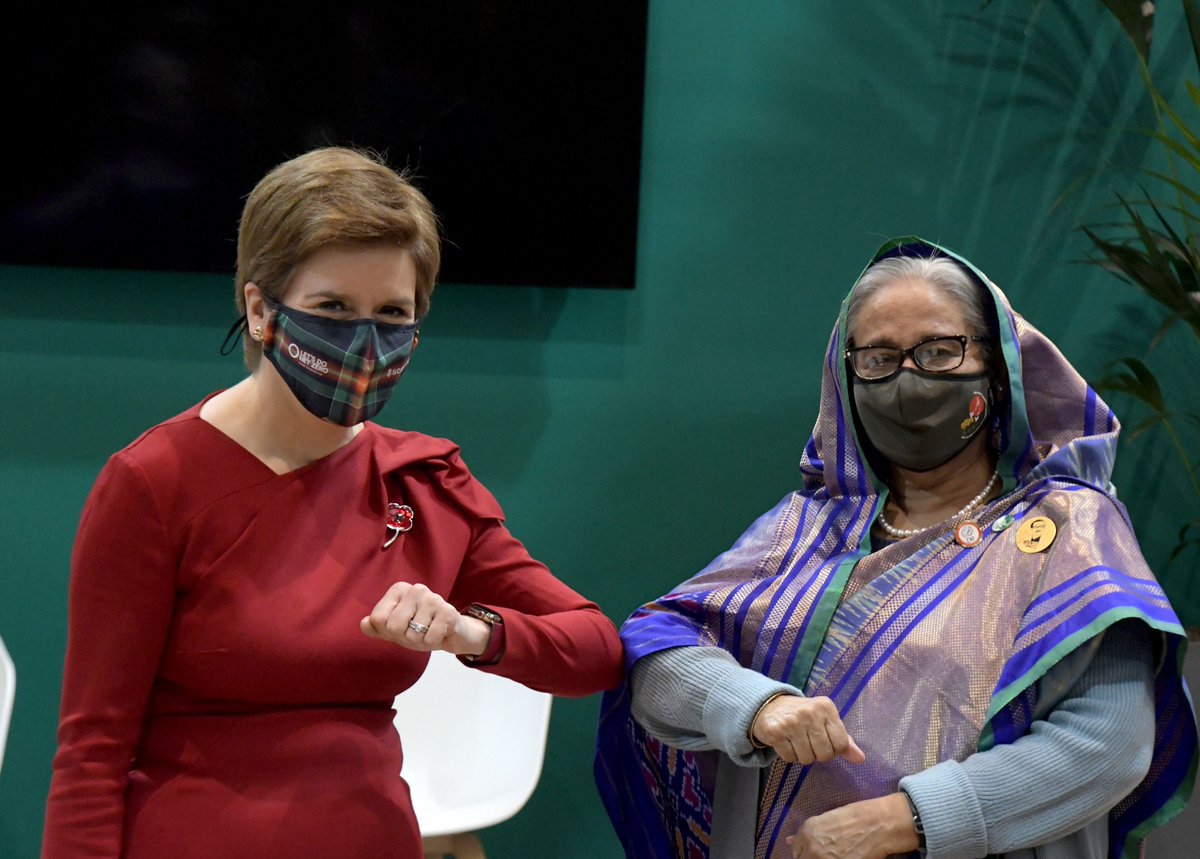 BDMOFA's tweet photo. PM #SheikhHasina meeting the First Minister of Scotland @NicolaSturgeon at the #Bangladesh Pavilion at @COP26. https://t.co/WuEiaHIImE