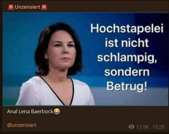 Erinnerung, Die grüne Baerbock hat in Ihrem Lebenslauf mehrfach die Daten geändert,Sie hat Nebeneinnahmn nicht angegeben und hat inIhrem Buch mehrfach plagiiert,Dazu verweigert Sie die Veröffentlichung ihrer Masterarbeit.Warum darfso jemand in D Ministerin werden Ich bin dagegen