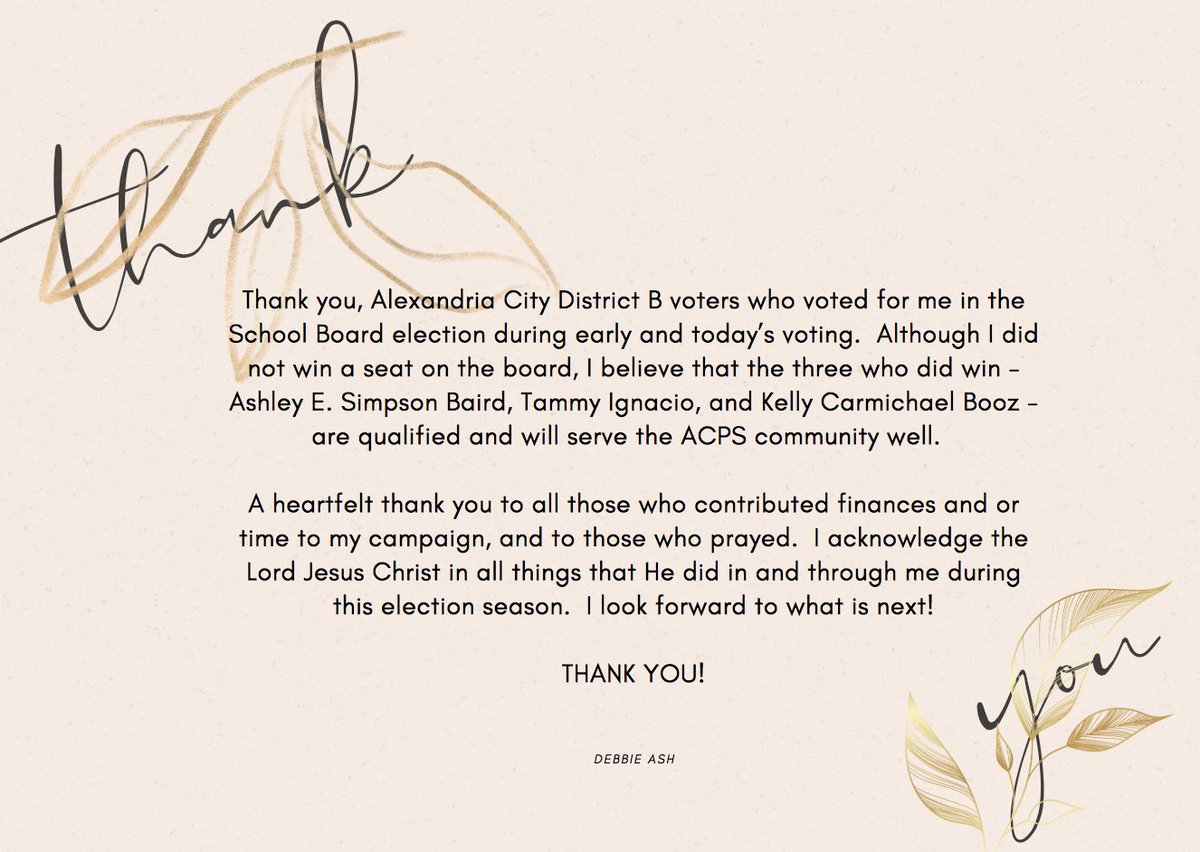 vote4DebbieAsh's tweet photo. Acknowledgements and congratulations!
⁦@ASBforACPS⁩ @asimpsonbaird ⁦@IgnacioTammy⁩ ⁦@kellycbooz⁩ #volunteersrock #praiseJesus #alexandriava #acps #thankyouvoters https://t.co/WAWPBqt1qi