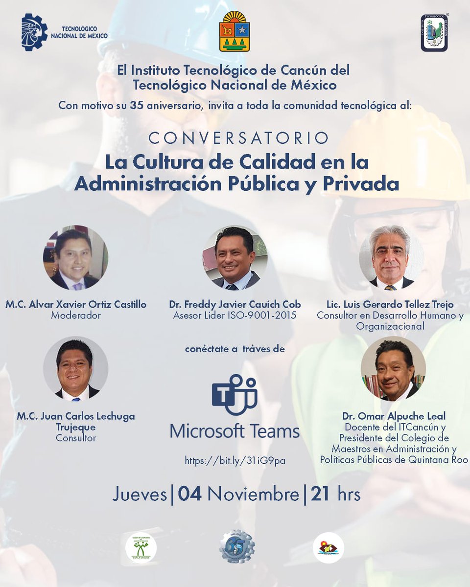 El Instituto Tecnológico de Cancún y los alumnos de 7mo Semestre de la Carrera de Licenciatura en Administración les invita al Conversatorio “La Cultura de Calidad en la Administración Pública y Privada” ¡Faltan dos días!
TE ESPERAMOS 📣 <a href="/DanielCruz_lml/">DanielCruz</a>  <a href="/saori_rosel/">Saori Rosel</a> <a href="/omaralpuche/">omar alpuche leal</a>