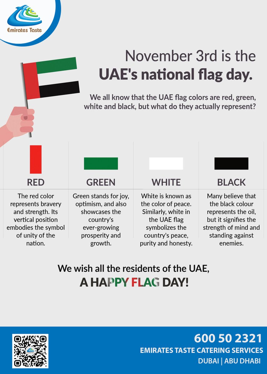 EmiratesTaste's tweet photo. The UAE flag has been a witness to all the achievements made over the past 50 years, which highlighted the UAE’s humanity and civilisation, and reaffirmed its financial, economic, scientific and cultural leadership.
#NationalFlagDay #UAE https://t.co/FiJwJIXgh6