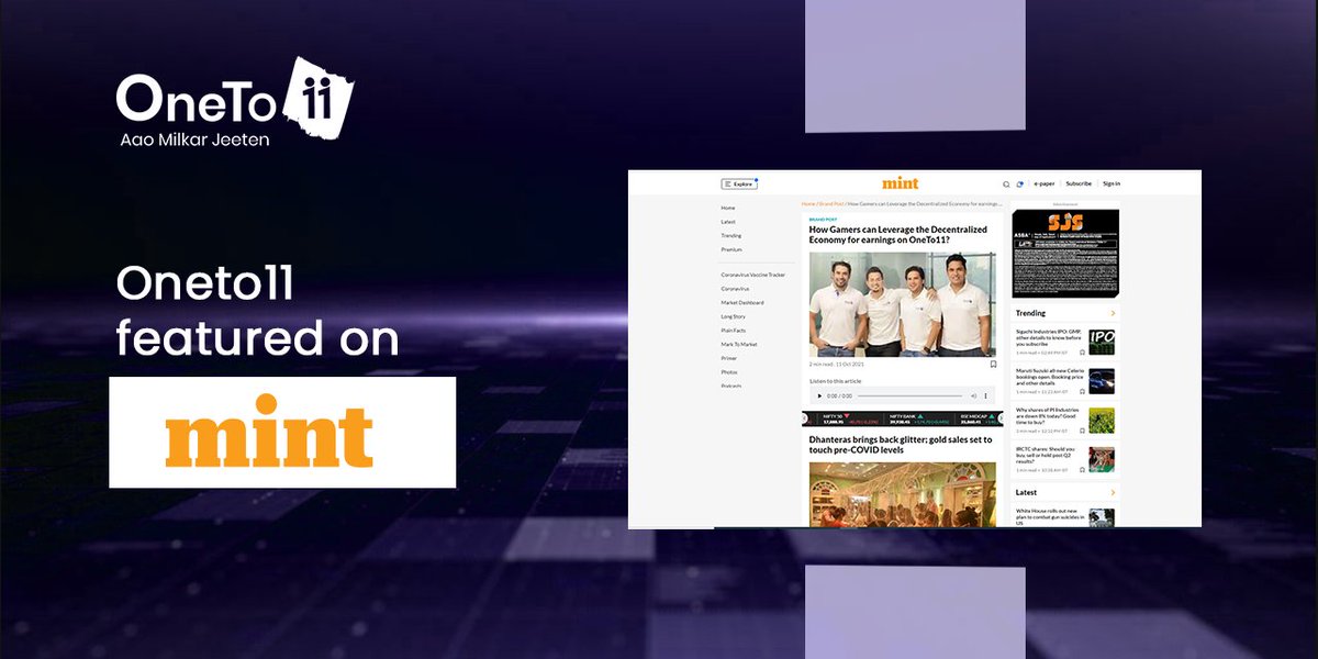 Rewrdxyz's tweet image. 🚀Fresh off the press: OneTo11, world’s first #Blockchain based gaming ecosystem with Play-to-Earn #NFT games was featured on @livemint

We’re excited that OneTo11 was featured in yet another #pressarticle, this time @livemint

📖Read More:bit.ly/3mAc2Sm